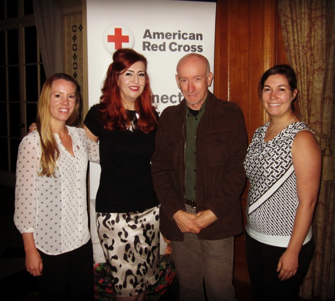 (L to R) AmeriCorps member Kerry K., Kastle, Nigel, Red Cross Communications Team Member Erica C.  